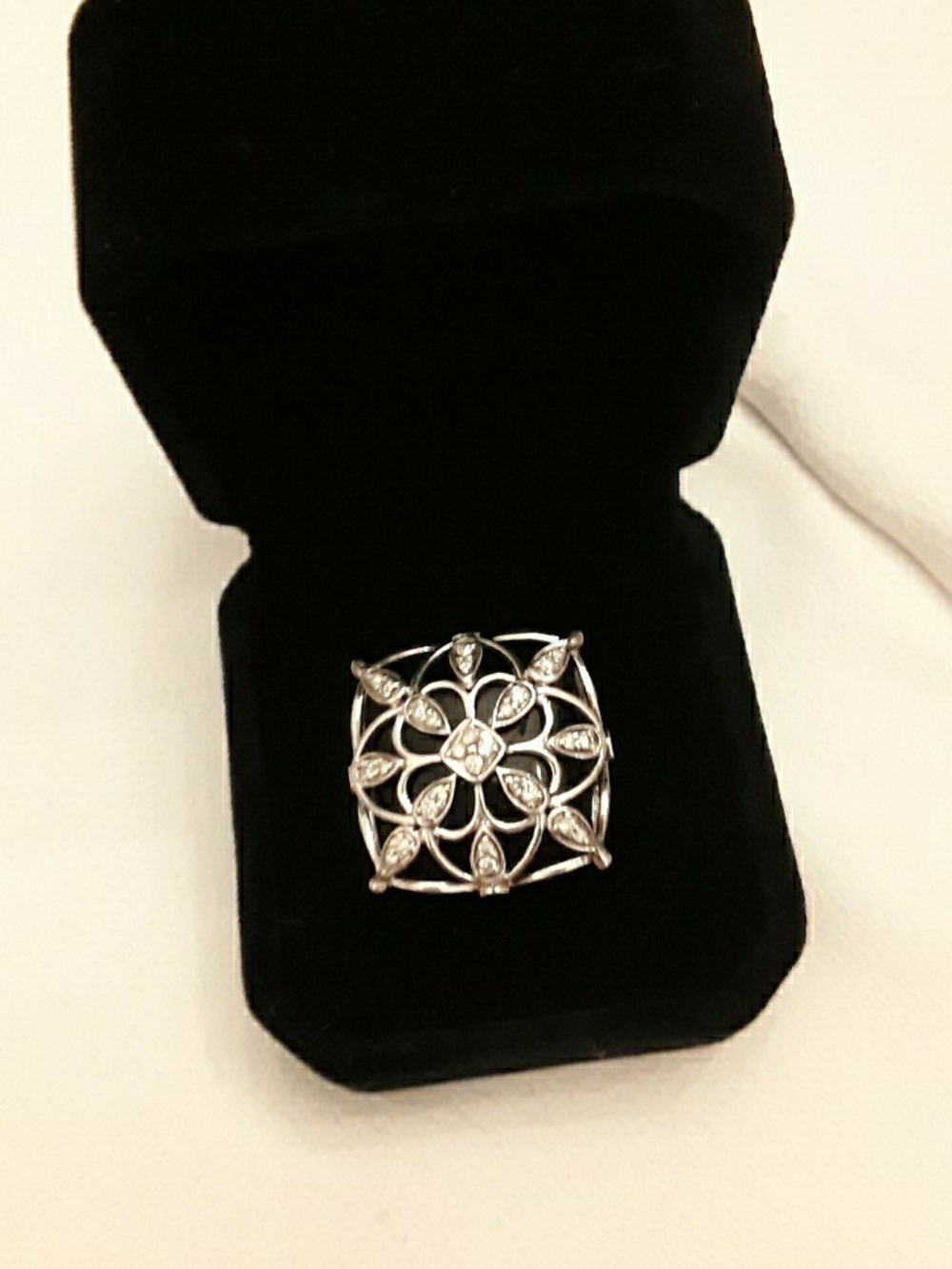 Sterling silver large Onyx and diamond ring
